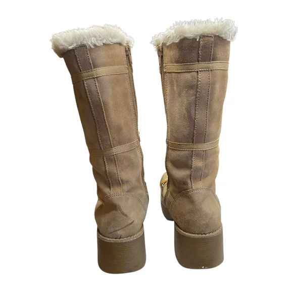 Report Icon Leather Tan Faux Fur Chunky Platform Lace Up Boots 7.5 - Picture 7 of 10